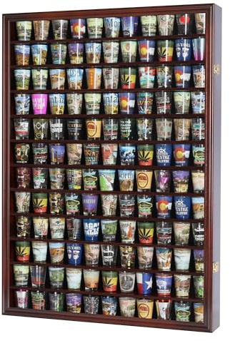 144 Shot Glass Shooter Display Case, Glass Collection Hollder Wall Mount Cabinet, UV Protection, Removable Shelves, Cherry Finish