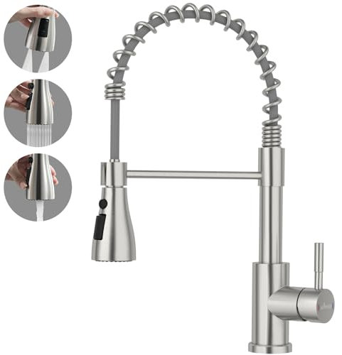 APPASO Wasserhahn Küche, Küchenarmatur mit Brause Hochdruck, Mischbatterie mit 3 Strahlarten, Spültischarmatur 360° Drehbar, Bleifrei/Nickelfrei Edelstahl Gebürstet | Doppelklingen