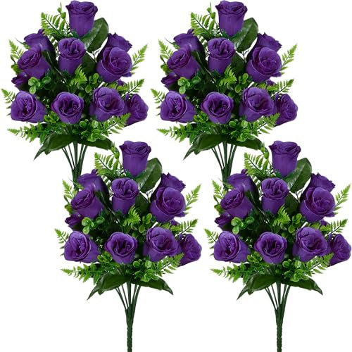 SIFOEL Fiori di rosa artificiali bouquet realistico seta rosa fiori finti per matrimonio casa centrotavola partito cimitero tomba decorazione (4, Viola)