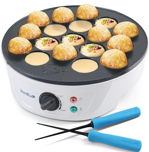 Takoyaki-Maker-Maschine von StarBlue mit KOSTENLOSEN Takoyaki-Picks -Temperaturkontrolle,18 Löcher,elektrische Pfanne für japanische Oktopusbällchen, 220-240V, 50/60 Hz,700 W,UK-Stecker mit EU-Adapter
