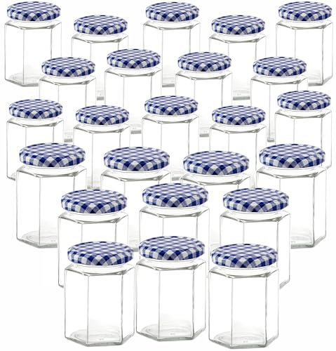 Offer Shop Glass Jam Jars Canning Jar for Honey Hexagonal Food Storage Jars for Spices Salt| 280ml Blue Lid Jars 24 Pack | Quality Glass Jars for Home