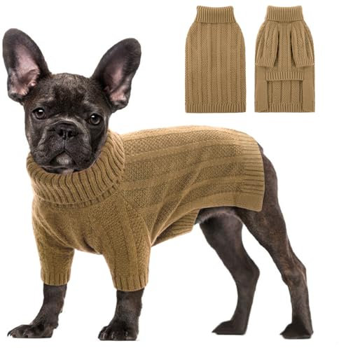 CITÉTOILE Hundepullover Kleine Hunde Warm Hundepulli mit Zopfmuster Winter Hund Pullover Rollkragen Strickpullover für Französische Bulldogge Chihuahua Dackel, Grau, XS