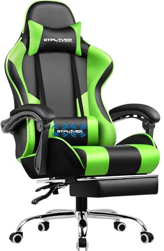 GTPLAYER Bürostuhl Gaming Stuhl Massage Gaming Sessel Ergonomischer Gamer Stuhl mit Fußstütze, Kopfstütze Massage-Lendenkissen, Gepolstert Gaming Chair, Drehsessel grün