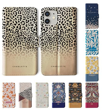 Tirita Personalised Wallet Phone Case for iPhone 14 Plus With Card Holder – Leather Flip Case or Cover With Custom Name – Cute Personalised Gift for Women [17. Leopard Print]