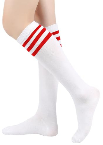 AWAVM Knee High Socks, Casual Thigh High Socks White Black Striped Boot Socks, 3 Striped Long Tube Stockings for Women Girls Daily Wear