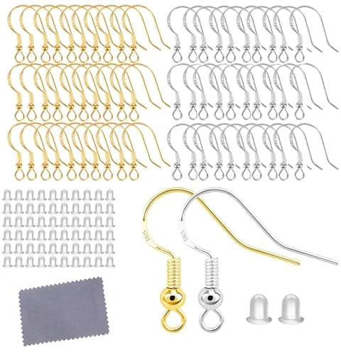 Fokroin 60 Stück Gold and Silber Ohrringe, Ohrri-nge Selber Machen Set, 925 Sterling Silber Oh-rringe Basteln Set, für Schmuck Ohrringe Baste-ln Zubehör Ohrh-änger Schmuckherstellung