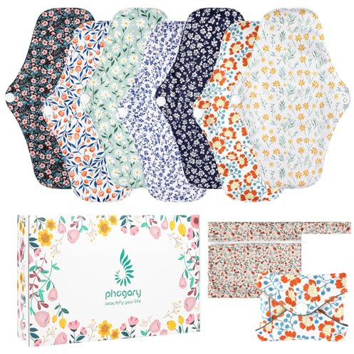 PHOGARY 7 Piezas Compresas menstruales Reutilizables, Compresas de Noche Lavables para Flujo Menstrual Abundante, Compresas de Noche Lavables para Flujo Menstrual Abundante