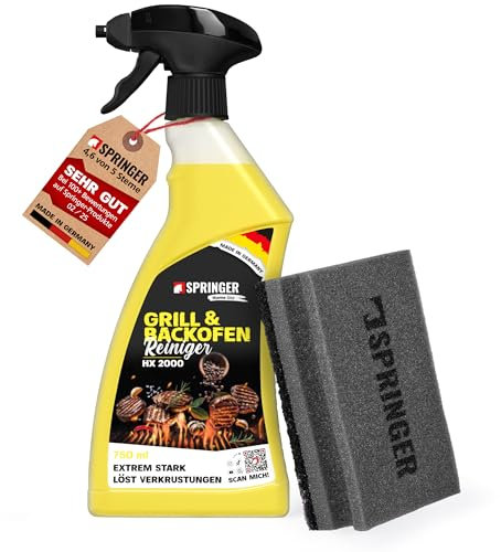 SPRINGER HX2000 - - Grillreiniger 750 ml + Grillschwamm - - Made in Germany - - Rauchharzentferner für hartnäckigen Schmutz & Eingebranntes - - Backofen-Reiniger für Guss, Edelstahl, Glas etc.