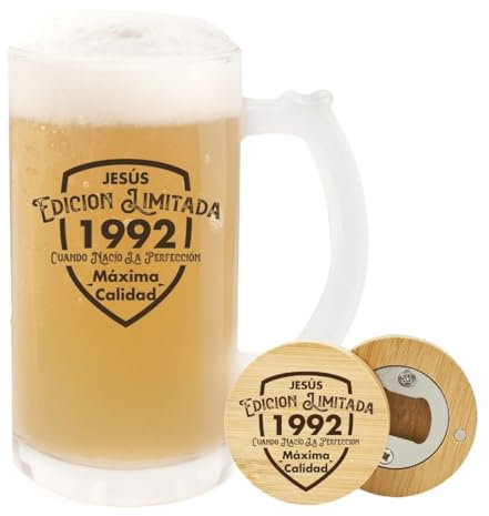 Pack Jarra de cristal personalizada y abridor de madera personalizado. Jarra de cerveza y abridor de madera personalizados. Regalos para padres. Regalos originales para hombres. (Edición limitada)