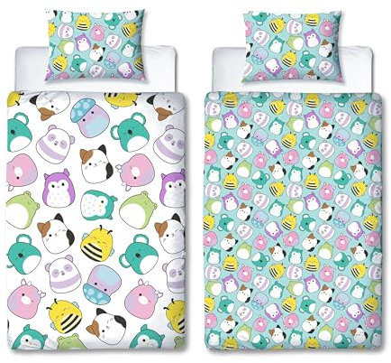 Squishmallows Offizielles Bettwäsche-Set 135x200 für Einzelbett, Bettwaren, glückliches Design, wendbar, 2-seitig, Bettbezug mit passendem Kissenbezug, Mehrfarbig