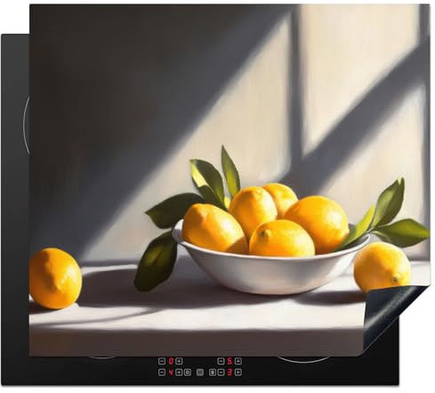 KitchenYeah© Herdabdeckplatte 60x52 cm Einteilig Induktionsmatte Küche Abdeckung Ceranfeld Herd Abdeckplatte Deko Vinyl Matte Aufrollbar Zitronen - Stilleben - Gelb