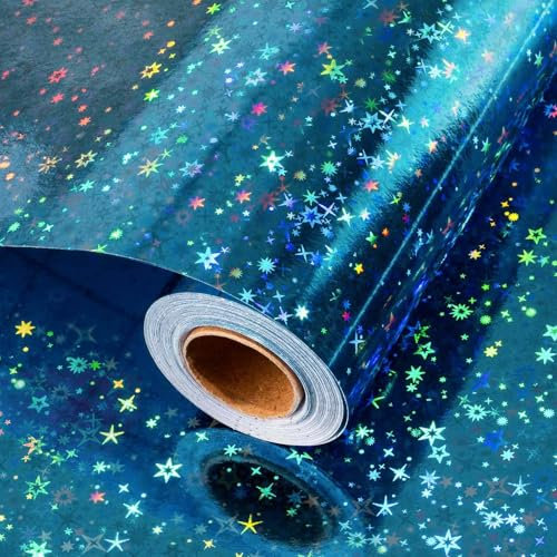 Wikadlik Blaues holografisches Geschenkpapier, niedliche Sterne Geschenkpapier für Vatertag, Geburtstag, Hochzeit, Brautparty, Babyparty Party
