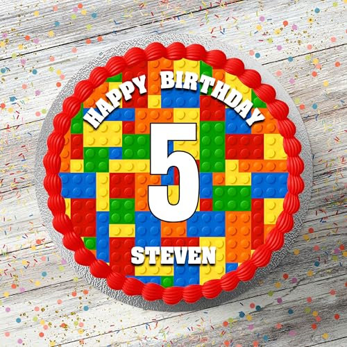 Coloured Building Bricks Personalised 7.5 Round Edible Icing Cake Topper Decoration