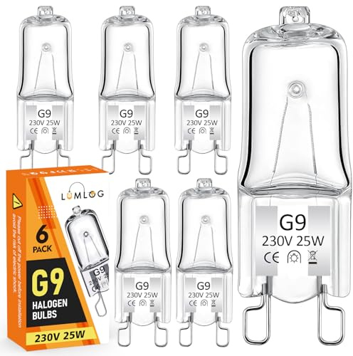 Lumlog G9 Halogen Light Bulbs Warm White Dimmable 25W, 6 Pcs 230V G9 Halogen Light Bulbs, 300℃ High Temperature Resistant for Lighting Decor, No Flickering
