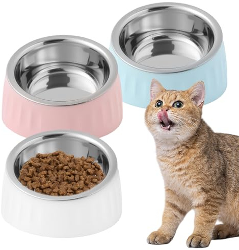 PORFOYO 3 Stück 15° Geneigter Erhöhter Katzen Futternapf Set, Edelstahl, Weiß