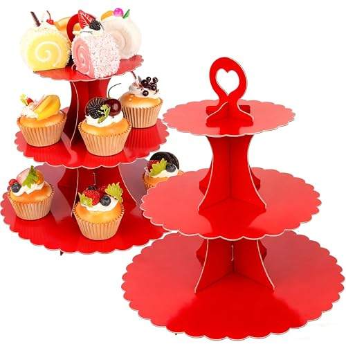 3-Tier Cupcake Stand 2 Pack Dessert Cup Cake Stand Tower Paper Round Cake Display Serving Plate for Anniversary Christening Disposable Pastry Holder for Birthday Wedding Party Decoration (Red)