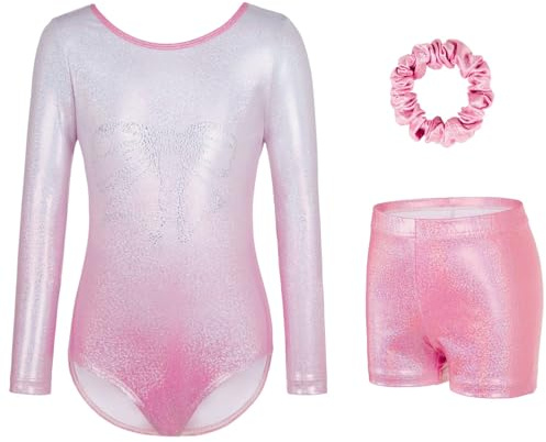 Gymnastics Leotards for Girls - Sparkling Gradient Design, Girls' Three-Piece Sleeve Gymnastics Leotard Set with Shorts for Ballet & Dance