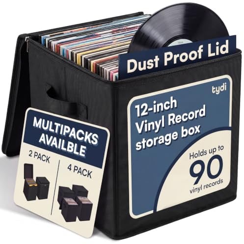 Tydi Vinyl Record Storage Box with Zip Closure – Holds Up to 90 12 Inch Vinyl Records – Collapsible Crate, LP Storage Boxes, Records Box – Home Storage Use Vinyl Storage Box