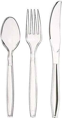 Shefa 150, Clear Reusable Clear Cutlery Set - 50 Spoon, 50 Fork, 50 Knife - Reusable & Washable, Heavy Duty Cutlery, 6 Long Tablespoon - Ideal for Birthday, Parties, Camping, Catering