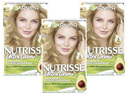 Garnier Nutrisse Dauerhafte Pflege-Haarfarbe mit nährenden Fruchtölen, Coloration mit 8 Wochen Halt, Ultra Crème Tönung, 90 Hellblond, (x3)