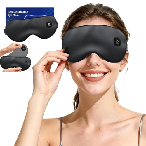 Heated Eye Mask, Cordless Warm Eye Compress, 3 Heat Levels (Black) | Cordless Heated Eye Mask for Dry Eyes, Rechargeable Battery, Detachable Design and Washable
