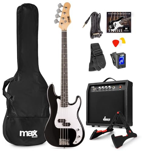 Max GigKit - Pack completo de bajo eléctrico negro con amplificador de 40W, funda, soporte, afinador, cuerdas y cable incluidos, ideal para principiantes, ensayos en casa o estudio