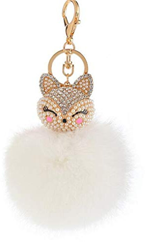 Addfect Pompon Porte Clefs Peluche Balle Femme Mignon Renard Pendentif avec Brillant Coloré Strass et Perle,Alliage Porte Clef de Voiture Accessoire,Sac à Main en Poil de Lapin Décoration (3#)