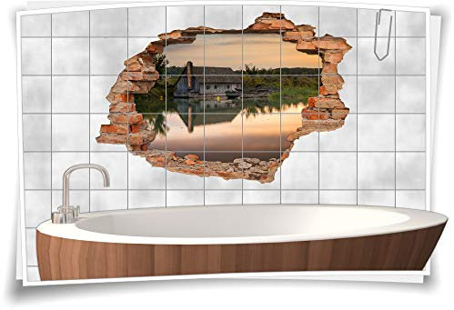 Medianlux Wand-Tattoo Bad-Fliesen-Aufkleber Badezimmer-Deko Landhaus-Stil 3D-Fliesen-Bild-er See Abend-s Hüte Wald, 90x60cm, eigene Größe