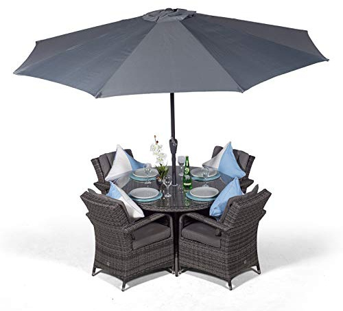 Giardino Arizona Rattan Garden Dining Set 4 Seater Outdoor Table & Chairs Wicker Patio Furniture with Parasol & Cover, Aluminium Frame, 120cm, Round, Grey