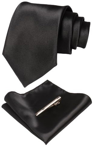 JEMYGINS Cravate Homme Noir en Soie Brillant Tissu doux Mariage et Pinces à cravate et Carre de poche Ensemble Compris boîte(11)
