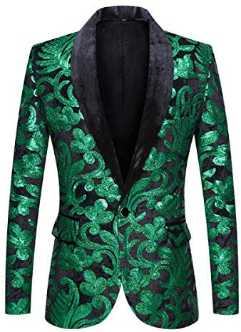 PYJTRL Hombres Moda Terciopelo Lentejuelas Patrón Floral Traje Chaqueta Blazer (3XL, Verde)
