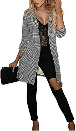 GirlzWalk @ Women Check Hounds Tooth Tartan Duster Coat Ladies 3/4 Sleeve Jacket Blazer Top (Mono Check, XXL/UK 20-22)