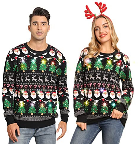 Belovecol Mens Ugly Xmas Jumper LED Light Up Christmas Knitted Sweater Crew Neck Pullover Unisex Tops XL