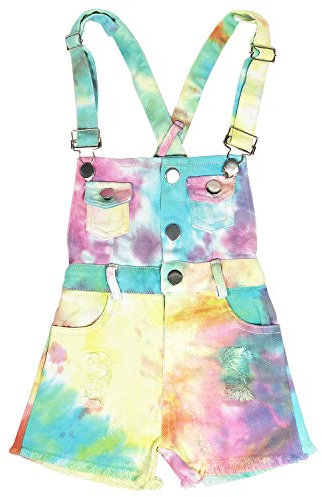 2-10 Anni Piccola Grande Ragazza Tuta Salopette Colorata Tinta per Cravatta Shortalls Bretella Pantaloncini(3-4 anni)