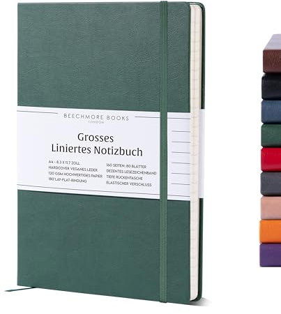 Beechmore Books Notizbuch liniert - XL A4, Grün I Premium Hardcover Journal Buch aus veganem Leder, 120gsm creme Papier, Geschenkbox, für Schriftsteller, Journalisten, Meetings & Studenten