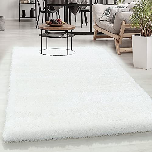 Carpetsale24 Teppich Wohnzimmer Shaggy Einfarbig Design 80 x 250 cm Weiß - Hochflor Teppich Schlafzimmer Luxuriöse Kuschelig und Super Weich Flauschiger Teppich Langflor 50 mm Florhöhe Läufer