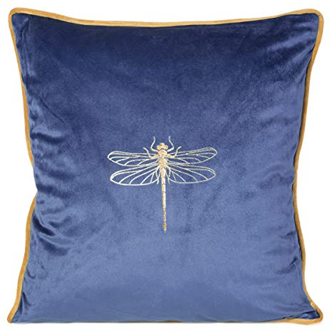 Eurofirany Elegante Kissenbezüge Dekokissen 45x45 Velvet Bezug Samt Kissenhülle Weiche Sofakissen Gold Silber Libelle Muster Biene Design Lotus (Lori dunkelblau)