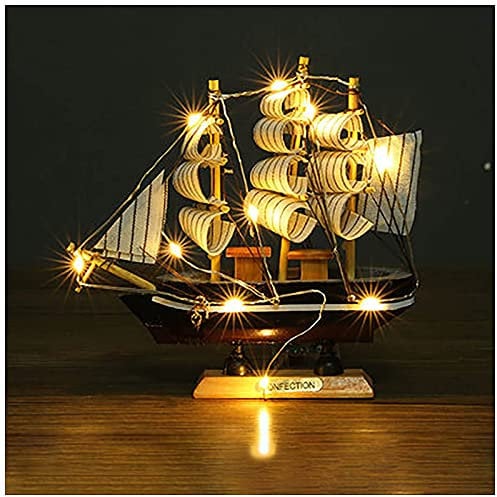 MEIYOUMK Holz Segelboot Modell Deko Holzboot Holzschiff mit Leuchtender Lichtleiste Segelboot Ornament Dekoration für Geschenke und Schreibtisch Deko