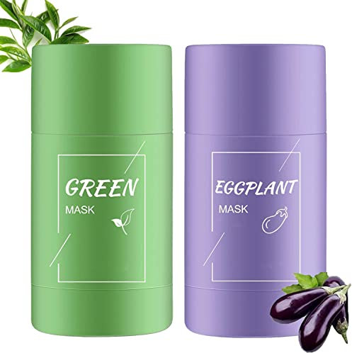 2PCS Green Mask Clay Stick, Grüntee Purifying Clay Green Mask Ölkontrolle Anti-Akne-Aubergine Fest Fein, Befeuchtet und kontrolliert das Öl, Akne-Clearing, Mitesserentferner(Grüner Tee + Aubergine)