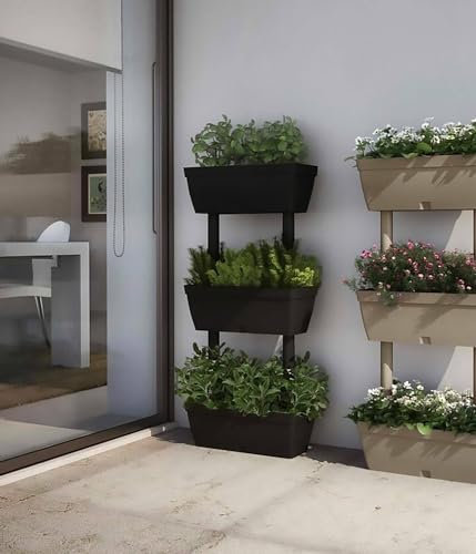 Set di 3 vasi Durbuy, Composizione per orto casalingo, Set Porta Fiori per Interno o Esterno, 100% Made in Italy, 49x16h100 cm, Antracite