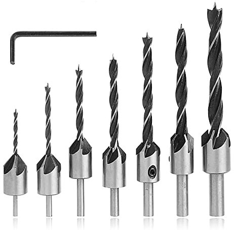 Mesee 7Stück HSS Senkbohrer Set, Kegelsenker Bohrer Set, Spiralbohrer set, Titan Beschichtetes Holzbearbeitungs Senkbohrer, Zimmerei Reibahlen Kernbohrer Fasen Senkkopf für Holzverarbeitung Kunststoff