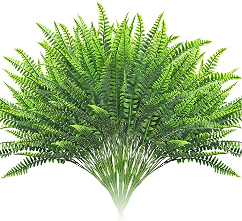 Elechood 10 Bundles Artificial Boston Fern Plants, Bushes Faux Plants Shrubs Greenery UV Resistant for House Office Garden Indoor Outdoor Window Box Decorating