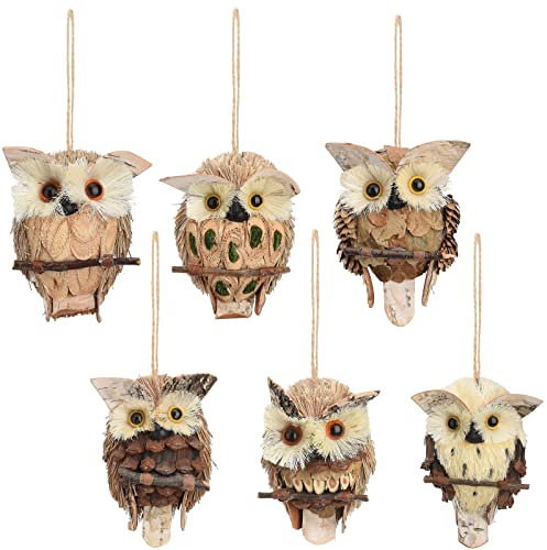 QYLJZB 6Pcs Hanging Owl Ornament, Natural Straw Owl Decorations Cute Owl Festive Decor for Home Living Room Office Halloween Christmas Holiday and Gifts