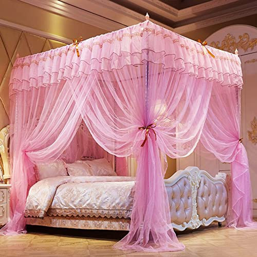 DUXY Moskitonetz, Luxus Prinzessin Betthimmel mit Edelstahlhalterung, Betthimmel mit 4 Eckpfosten 3 Seitenöffnungen, für Mädchen Kinderbett Kinder Erwachsene, Bettwäsche Dekor,Rosa,150x200cm