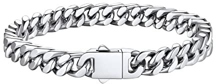 Bestyle Bracelet Jewellery for Mens Women Silver Cuban Chain Bracelets Stainless Steel Plain Chains Hip Hop Jewellery 7mm Width 19cm Length