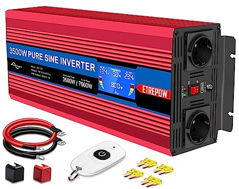 ETREPOW 3500W Convertisseur 12V 220V Pur Sinus transformateur-2 Prises EU AC et 1 Port USB, télécommande sans Fil et écran LCD Onduleur pour Les systèmes Solaire, Voiture, Camping, Voyage