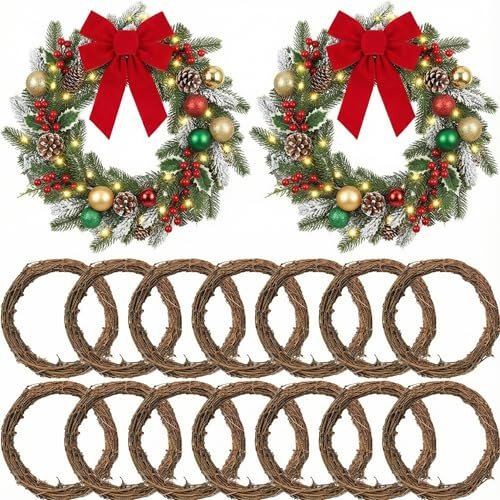 16PCS Christmas Wreath Grapevine,3.9 Inch Natural Rattan Wreath Ring Garland Decorations for Christmas Wedding Valentines New Year Party