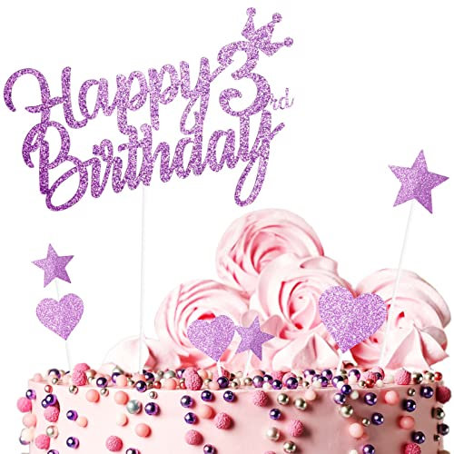 Personalised Happy 3rd Birthday Cake Toppers Birthday Cake Decorations Pink for Baby Girls, Double Sided Glitter Cupcake Topper Cake Topper Kit for Girls 3 Years Birthday Party Cake Décor Supplies
