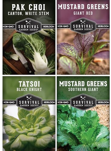 Mustard Green Seeds for Planting - 4 Variety Pack of Heirloom Greens | Tatsoi, Southern Giant, Giant Red, Pak Choi Mustard & Asian Greens Seed - Survival Garden Seeds