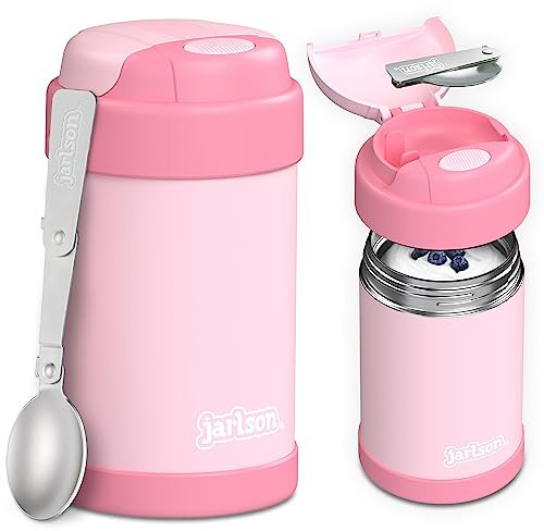 JARLSON® Thermobehälter für Essen Kinder [MIT LÖFFEL] - Thermo Lunchbox - Edelstahl Wärmebehälter für Speisen - Thermodose To Go - Thermobecher Auslaufsicher - Thermobox für Joghurt (450 ml, Pink)